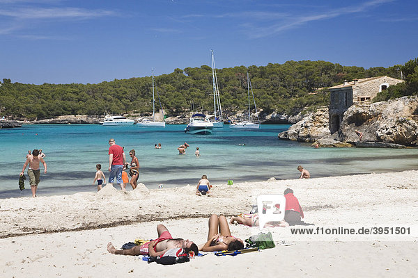 Beach life in the bay of s'Amarador  Cala MondragÛ  MondragÛ nature reserve  Mallorca  Majorca  Balearic Islands  Mediterranean Sea  Spain  Europe