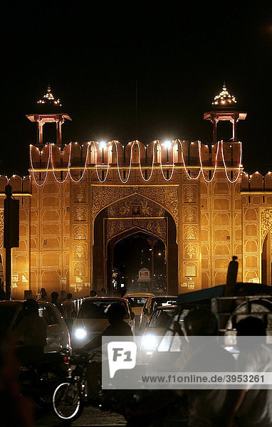 Night scene  illuminated gate in Jaipur  Rajasthan  India