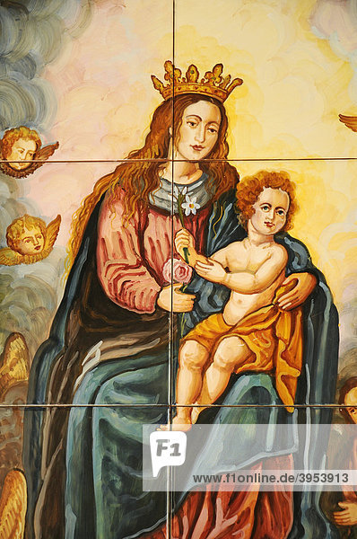Christliche Darstellung  Maria  Jesus  spanische Kacheln  Gemälde  Nuestra Senora de los Angeles  Kloster  Kirche  Javea  Costa Blanca  Alicante  Spanien  Europa