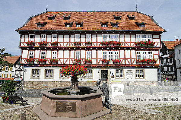Historisches Rathaus  Brunnen  Marktplatz  Fachwerk  Wolfhagen  Naturpark Habichtswald  Hessen  Deutschland  Europa