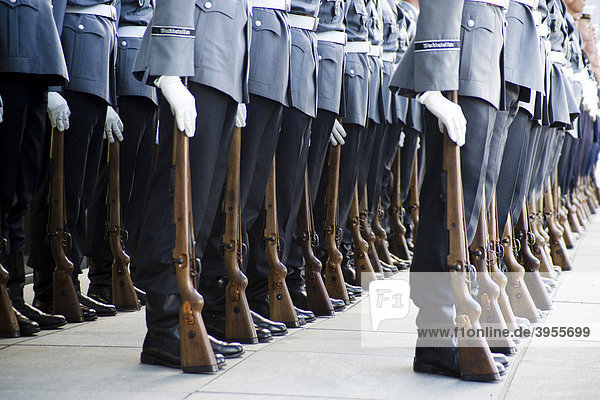 Guard of the Bundeswehr German army exercises at the Ceremonial oath of the Bundeswehr German army in front of the Paul Loebe Haus building  Berlin  Germany  Europe