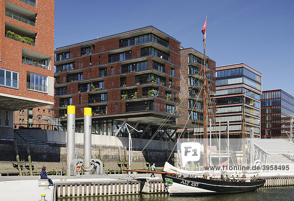 Historical sail boat in the harbor for traditional sail boats  Sandtorhafen  Hafencity Harbor City  Hamburg  Germany  Europe