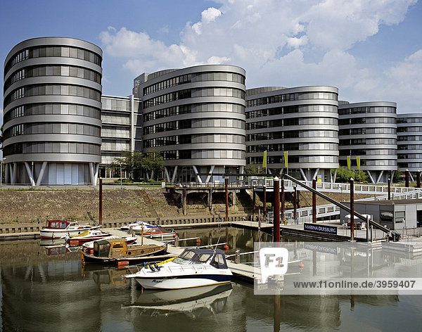 Marina and Five Boats building Inner Harbour Duisburg North Rhine-Westphalia Germany Europe