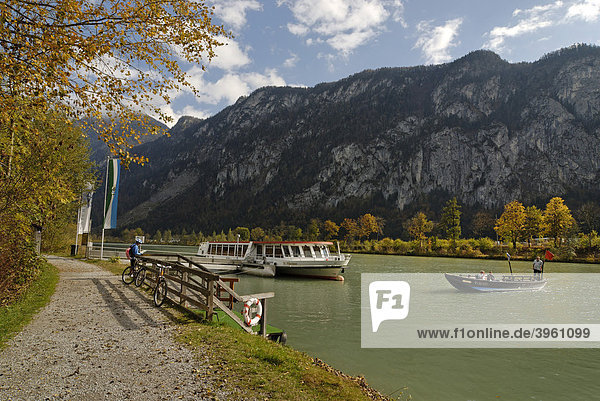 Boat and ferryboat on the Inn River near Kiefersfelden in the Inntal Valley  Upper Bavaria  Germany  Europe