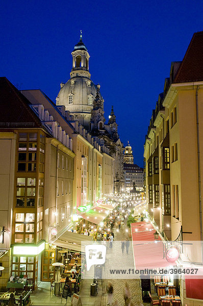 Muenzgasse street with the cuppola of the Frauenkirche Church of Our Lady at night  old town  Dresden  Saxony  Germany