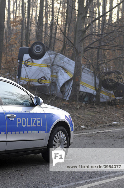 Wreck after a severe traffic accident on L 1150 police car Esslingen Baden-Wuerttemberg Germany Europe