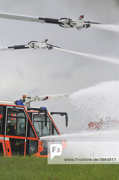 Exercise of the airport fire brigade at the airport of Stuttgart  Baden-Wuerttemberg  Germany  Europe