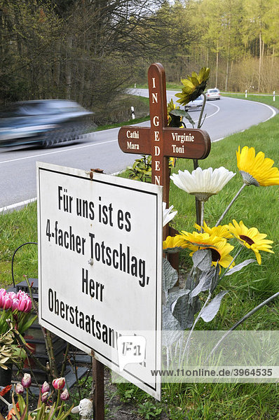 Schild Für uns ist es 4-facher Totschlag  Herr Obersaatsanwalt der Stiftung Raser-Täter-Opfer  Unfallstelle auf der Insel Rügen  B 96 zwischen Lietzow und Bergen  Deutschland  Europa