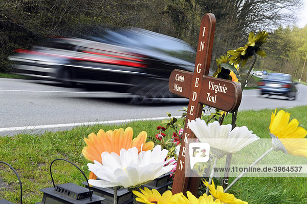 Gedenkkreuz der Stiftung Raser-Täter-Opfer  Unfallstelle auf der Insel Rügen  B 96 zwischen Lietzow und Bergen  Deutschland  Europa
