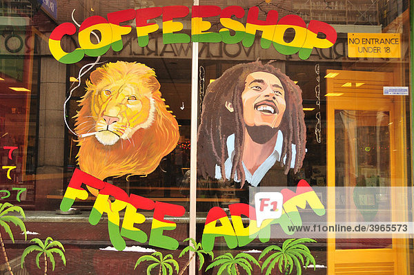 Schaufenster eines Coffee-Shops in der Altstadt von Amsterdam mit Bob Marley und einem rauchenden Löwen  Holland  Niederlande  Europa