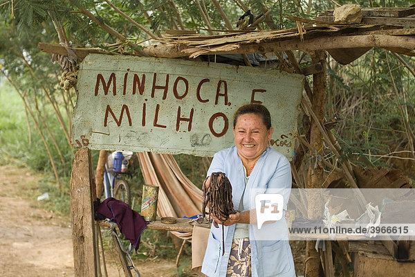 Frau verkauft Regenwürmer für Fischer  PoconÈ  Mato Grosso  Brasilien