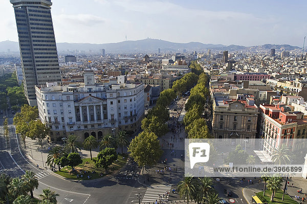 Aussicht über den Platz Portal de la Pau und die Ramblas  Barcelona  Katalonien  Spanien