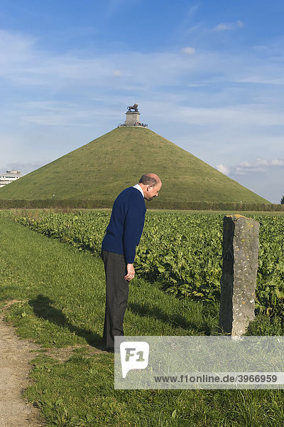 Tourist schaut auf eine Stele am Ort des Schlachtfeldes von Waterloo  Brabant  Belgien  Europa