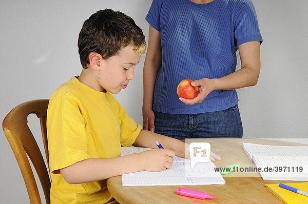 Boy doing homework for school  his mother offering him an apple