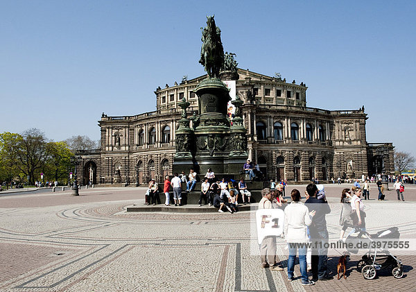 Historic centre  Semperoper at the Theater Square with King Johann monument  Dresden  Saxony  Germany  Europe