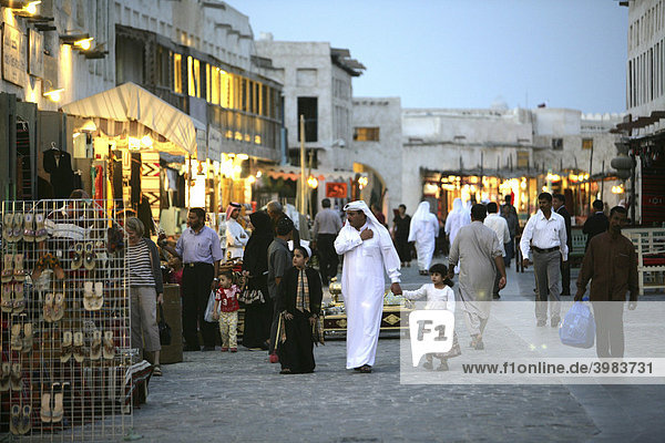Souq al Waqif in the evening  oldest souq  bazaar in the country  the old part is newly renovated  the newer parts have been reconstructed in a historical style  Doha  Qatar