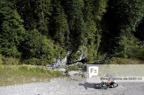 Mountainbike rider riding through Eschenlainetal Valley  Eschenlohe  Upper Bavaria  Bavaria  Germany  Europe