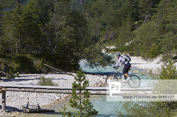 Female mountainbike rider crossing a narrow wooden bridge over the Isar River  southeast of Scharnitz  Tyrol  Austria  Europe