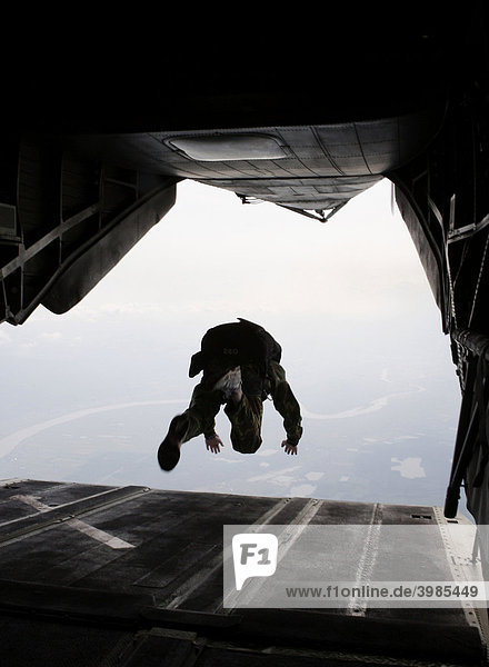 Paratrooper jumping from the rear hatch of a helicopter  13th International Paratrooper Competition of the Special Operations Division  Hoehenhof near Regensburg  Bavaria  Germany  Europe