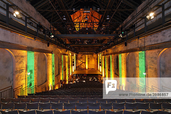 Concert hall in the Geblaesehallen blower plant illuminated ExtraSchicht festival Landschaftspark landscape park Duisburg-Nord Meiderich North Rhine-Westphalia Germany Europe