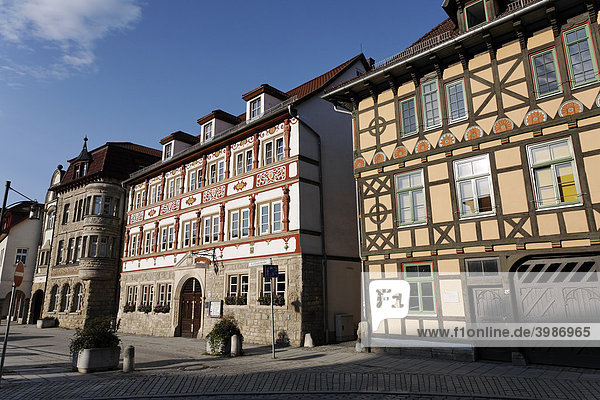 Historische Fachwerkhäuser in der Anton-Ulrich-Straße  Obere Mühle  Meiningen  Rhön  Thüringen  Deutschland  Europa