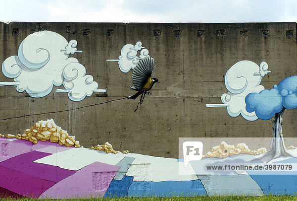 Paradiesvogel fliegt über Landschaft  auf Betonwand gemalt  surrealistisches Traumbild des Karlsruher Graffiti-Künstlers Christian Krämer alias DOME  Rheinpark  Duisburg-Hochfeld  Ruhrgebiet  Nordrhein-Westfalen  Deutschland  Europas