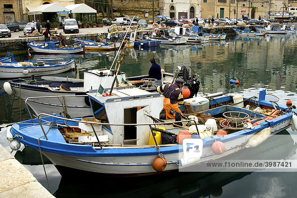 Fischer und Fischerboote im Hafen Castellammare del Golfo  Sizilien  Italien  Europa