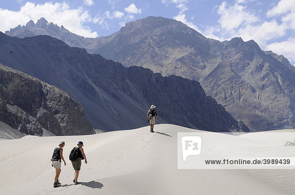 Touristen wandern über Fluss Dünen am Fluss Shyok  Nubratal  Ladakh  Indien  Himalaja