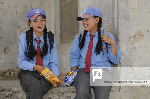 Schoolgirls in school uniform  Secondary Senior School  Lamdon  Leh  Jammu and Kashmir  India  Himalayas  Asia