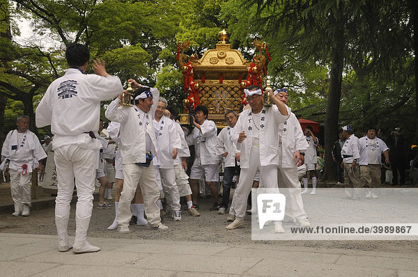 Matsuri  Schreinfest  Start der Prozession vom shintoistischen Schrein durch das zugehörige Wohngebiet  Träger warten auf das Kommando  Imamiya Schrein  Kyoto  Japan  Asien