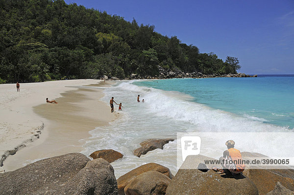 Beach with granite rocks and tropical vegetation  Anse Georgette  Praslin Island  Seychelles  Africa  Indian Ocean
