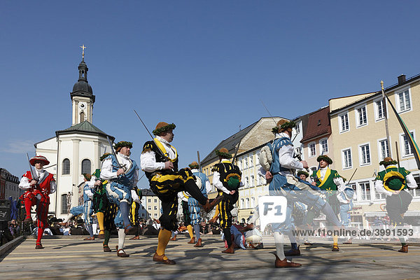 Historic sword dance  Georgiritt  George's Ride  Easter Monday procession  town square with parish church in Traunstein  Chiemgau  Upper Bavaria  Bavaria  Germany  Europe