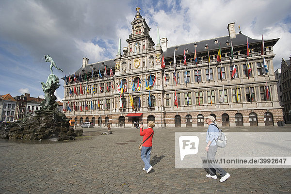Grote Markt with Brabo Fountain and Stadhuis or City Hall  Antwerp  Belgium