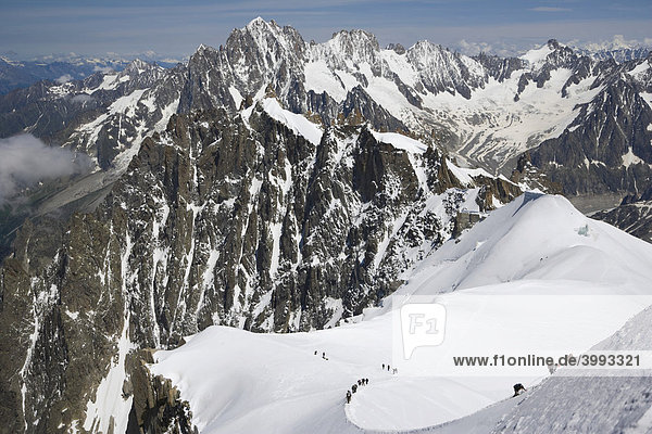 Mountaineers ascend from the Vallee Blanche to the Aiguille du Midi  Chamonix  Mont Blanc Massif  Alps  France  Europe