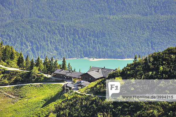 Das Berggasthaus Herzogstand  dahinter der Walchensee  Landkreis Bad Tölz-Wolfratshausen  Bayern  Deutschland  Europa