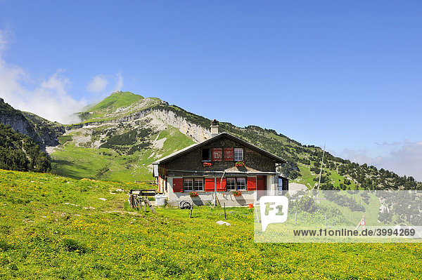 Almhütte oder Alphütte auf der Ebenalp dahinter der Berg Schäfler  Kanton Appenzell Innerrhoden  Schweiz  Europa