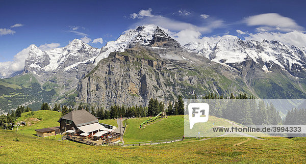 Panoramablick vom Allmendhubel zum Berggasthaus und auf das Dreigestirn Eiger  Mönch und Jungfrau im Berner Oberland  Kanton Bern  Schweiz  Europa