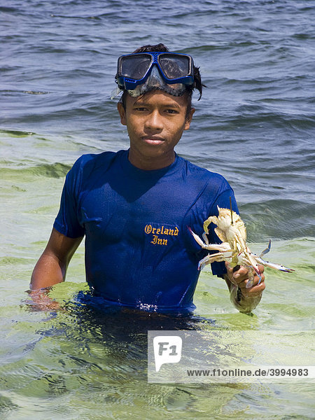 Young Filipino catching crab with a spear  Philippines  Asia