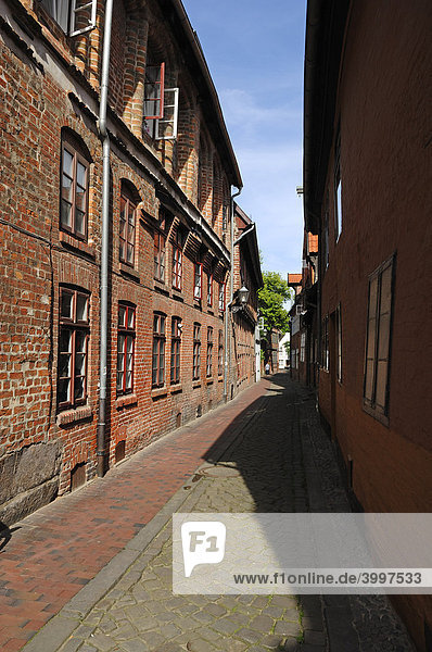 Schmale Gasse mit alten Backsteinhäusern in der Altstadt  Lüneburg  Niedersachsen  Deutschland  Europa