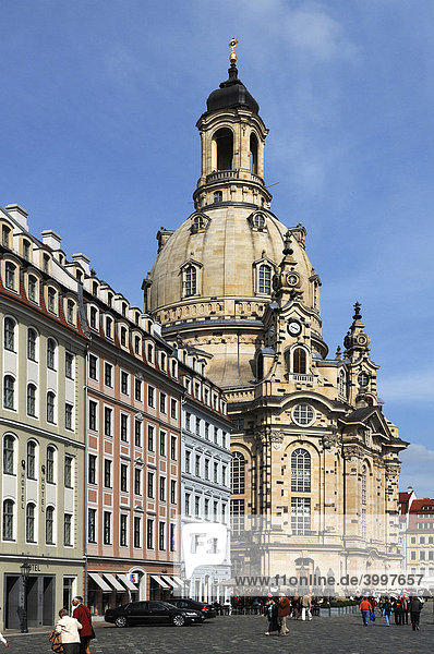 Frauenkirche Church of Our Lady  on the left new town houses at Neumarkt square  Dresden  Saxony  Germany  Europe
