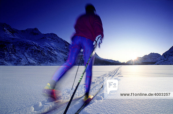Langläuferin auf dem zugefrorenen Silsersee  Maloja Pass  Graubünden  Schweiz  Europa