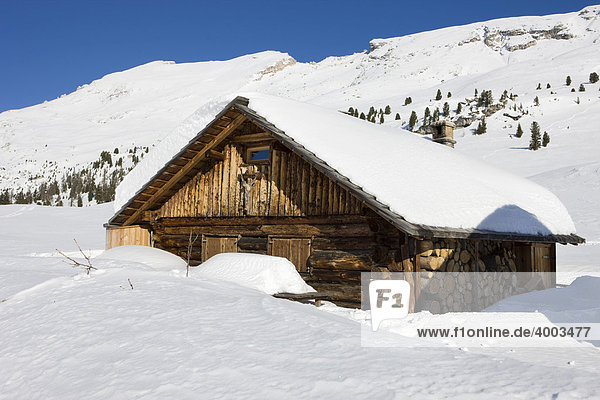 Tief verschneite Alm auf der Plätzwiese  hinten der Dürrenstein  Dolomiten  Südtirol  Italien  Europa