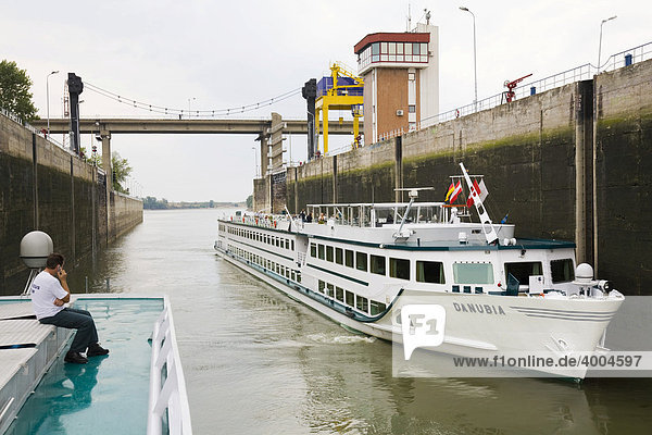Cruise ship Danubia  right  durings its cruise on the river Danube has entered the Derdap 2 lock  Derdap  Serbia