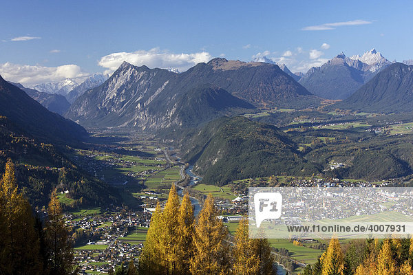 Telfs am Inn  Blick von Mösern ins Inntal  Lärchen im Herbst  rechts Mieminger Plateau  Oberinntal  Tirol  Österreich  Europa