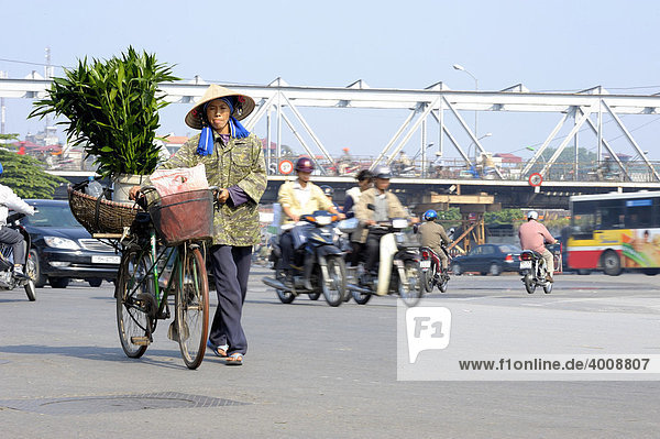 Vietnamesin mit voll beladenem Fahrrad  Hanoi  Vietnam  Südostasien
