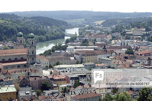 View of the old town of Passau with the cathedral Sankt Stephan and the river Inn from the Veste Oberhaus fortress,  Passau,  Bavaria,  Germany,  Europe.