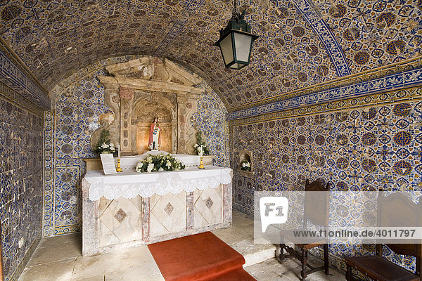 Chapel decorated with ceramic tiles in Fortaleza de Ponta da Bandeira Lagos and the patron saint Santa Barbara in the altar area  Algarve  Portugal  Europe