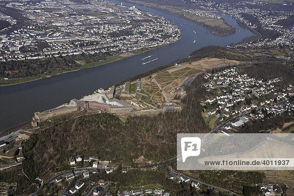 Luftbild  die Koblenzer Festung Ehrenbreitstein und die Baustelle der Bundesgartenschau  BUGA 2011  Koblenz  Rheinland-Pfalz  Deutschland  Europa