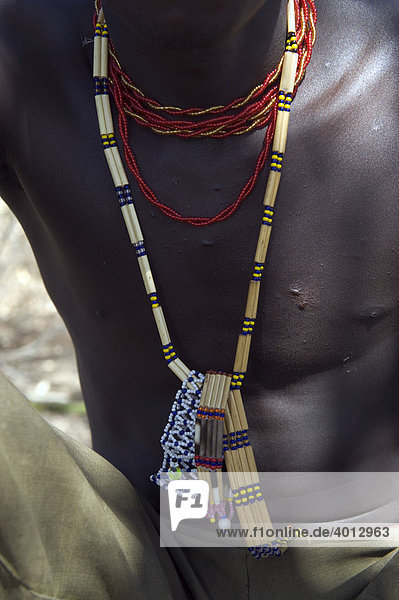 Necklaces of a member of the Hazabe tribe  Lake Eyasi  Tanzania  Africa