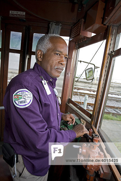 Lawrence Galloway driving a streetcar  New Orleans  Louisiana  USA